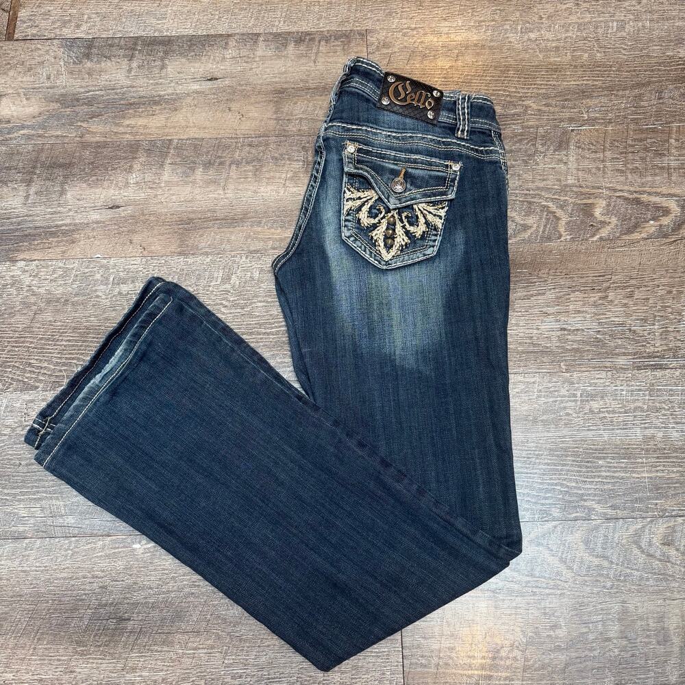 Cello Jeans Size 5 Embellished Bootcut Flap Pocket Dark Wash Western Rhinestone
